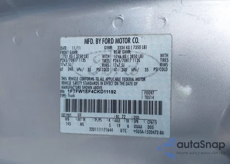 2012 Ford F-150 Xlt из США, поврежденный, VIN 1FTFW1EF4CKD11192